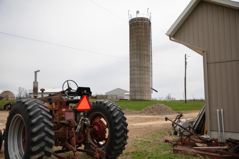 A microwave dish, installed on top of a farm silo, provides wireless internet service to nearby homes in rural Pennsylvania in this April 2022 photo.