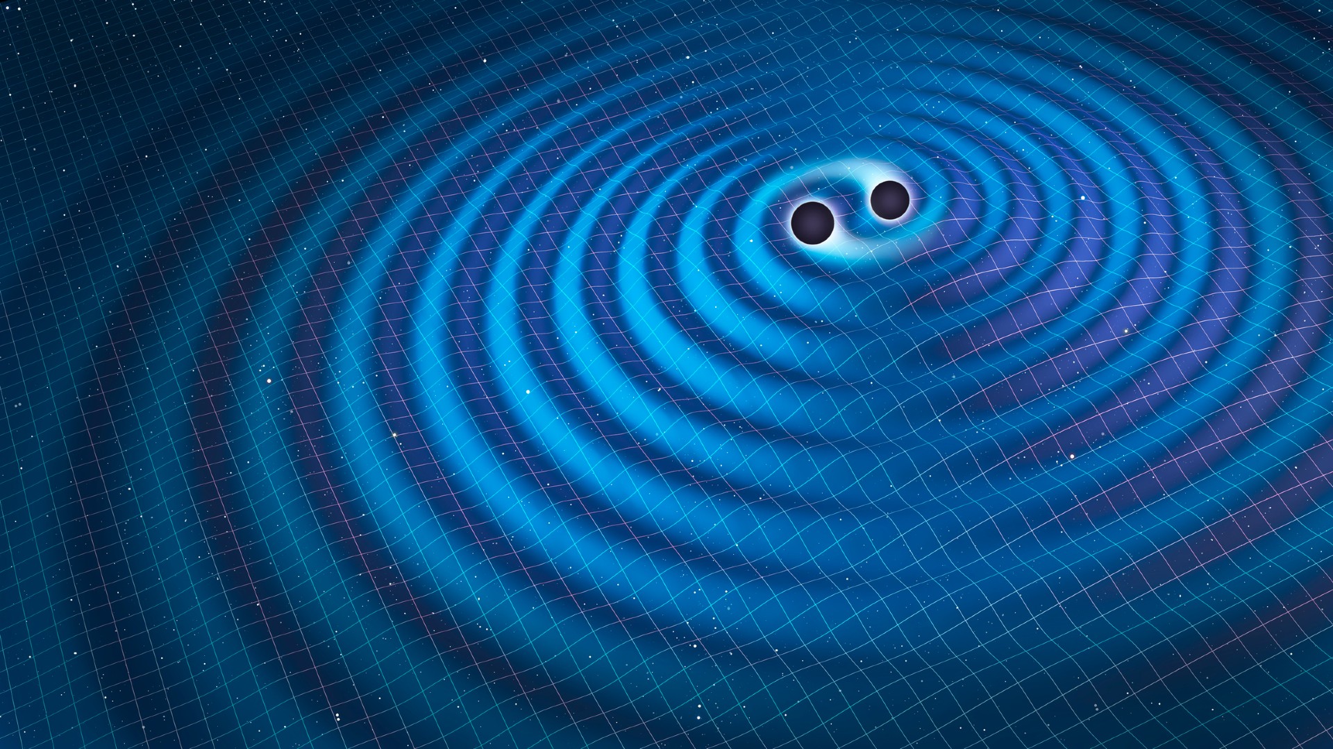 Ripples seen in this illustration look like pond ripples on a blue grid. Two black circles are in the center of the image.
