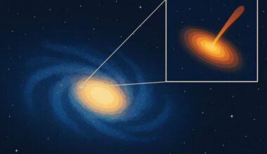 An international team of astronomers has found a black hole in an unusual location. While massive black holes are typically located in the centers of galaxies, this one is offset from its dwarf galaxy's nucleus by almost one kiloparsec, or more than about 3,200 light years. It's not the only one, suggesting that black holes can accrete gas and become more massive regardless of being in the galactic center. Image Credit: Artistic illustration (Image generated by ChatGPT). Credit: Chinese Academy of Sciences