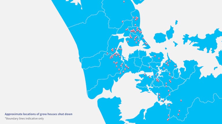 A map showing the locations of the grow houses.