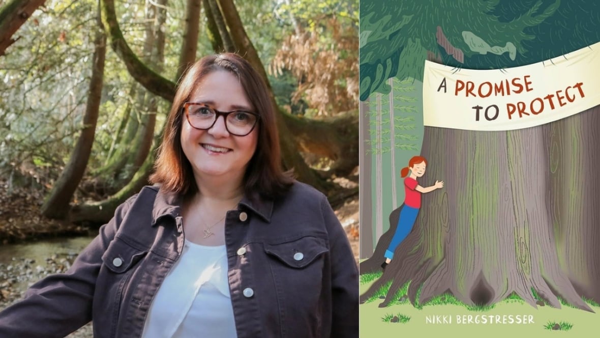 A Promise to Protect by Nikki Bergstresser. Illustrated book cover of a young girl hugging a large tree. Author photo of a white woman posing in a forest.