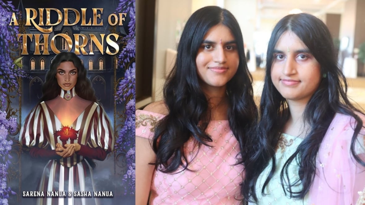 A Riddle of Thorns by Sarena Nanua and Sasha Nanua. Illustrated book cover of a South Asian woman in a stripped black and white dress holding a floating flower above her palms. Author headshot of two South Asian sisters with long black hair.