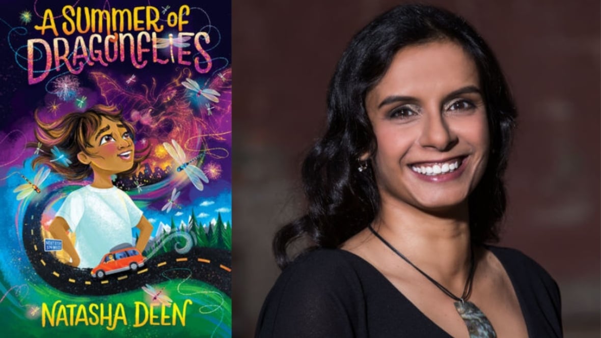 A Summer of Dragonflies by Natasha Deen. Illustrated book cover of a young girl looking up at dragonflies.