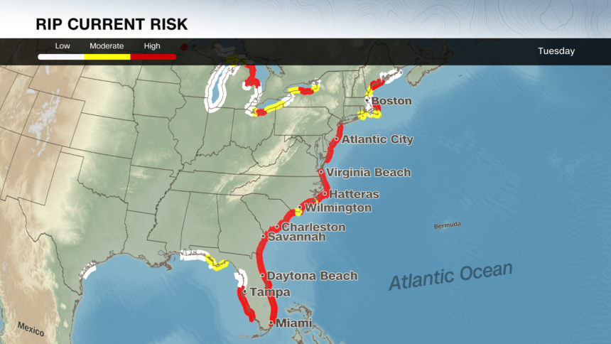 High rip current risks will extend along much of the Eastern Seaboard on Tuesday.