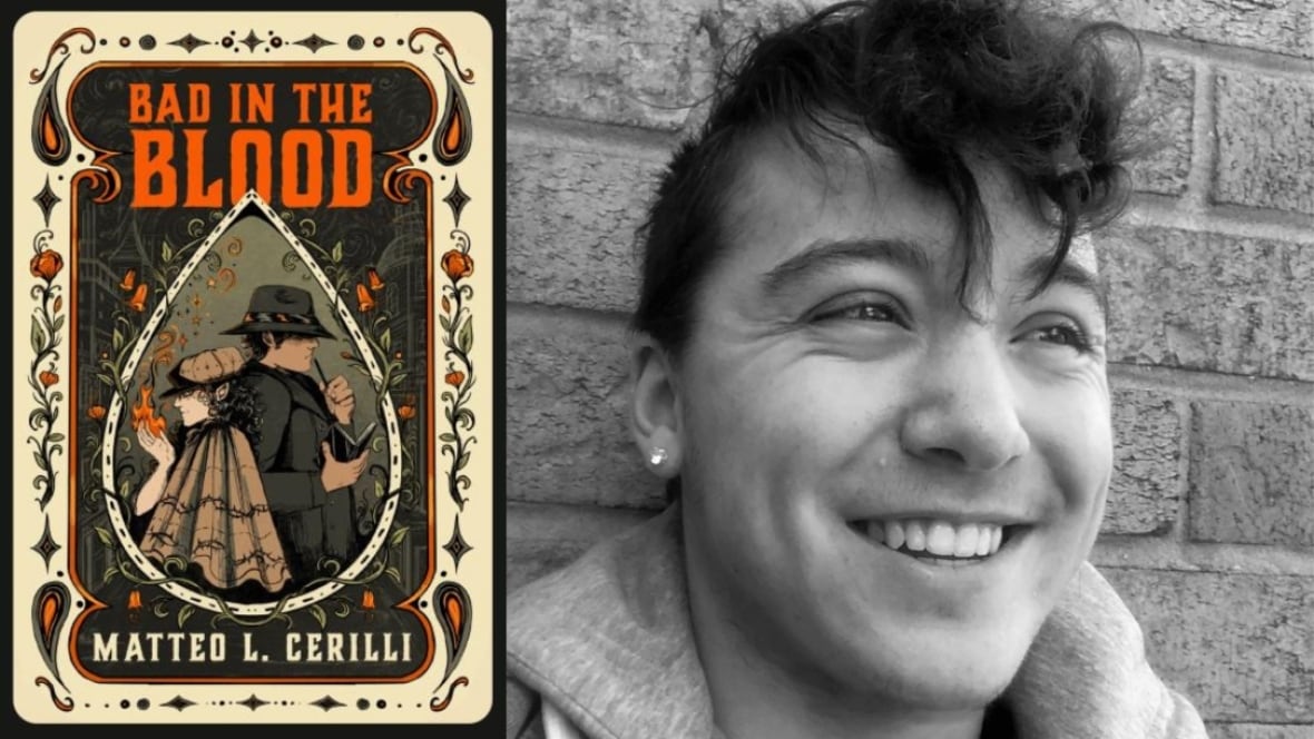 Bad in the Blood by Matteo L. Cerilli. Illustrated book cover shows two people in capes and low hats stand back-to-back. Author photo of a man in black and white.