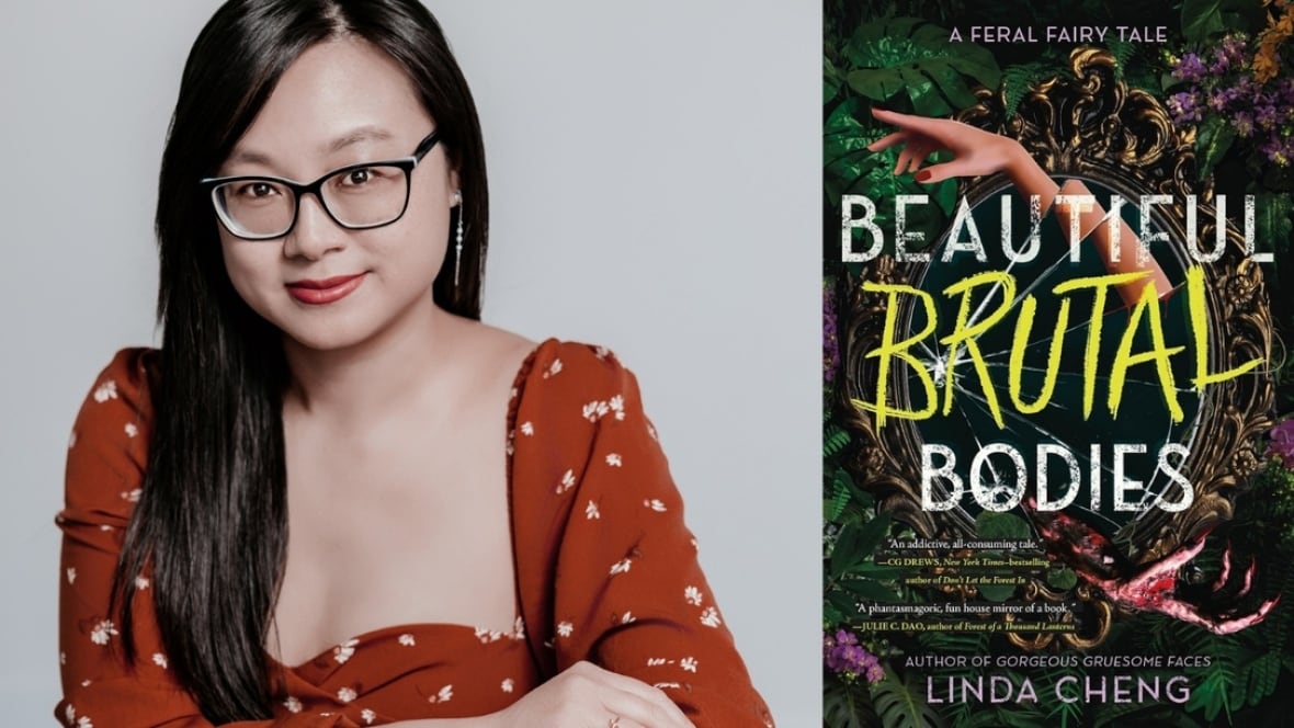Beautiful Brutal Bodies by Linda Cheng. Illustrated book cover of hands reaching out of a broken mirror, surrounded by green plants. Author headshot of an East Asian woman with long black hair and black eyeglasses.