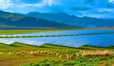 Illustration of a vast solar farm on the Tibetan Plateau transforming the arid landscape and promoting biodiversity.