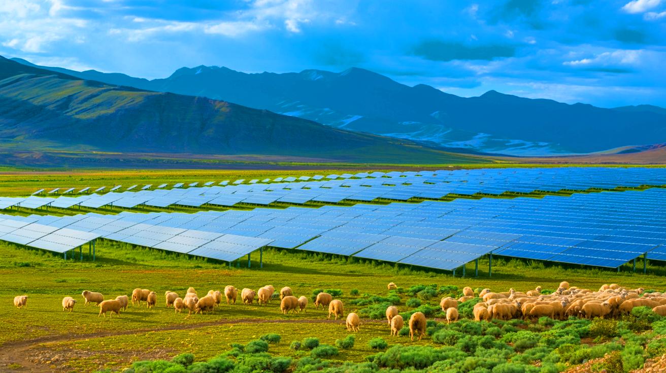 Illustration of a vast solar farm on the Tibetan Plateau transforming the arid landscape and promoting biodiversity.