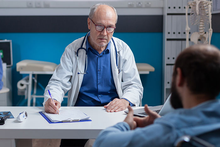 Doctor consulting a chronically ill patient in a medical office discussing possible treatment options and unlikely cures.