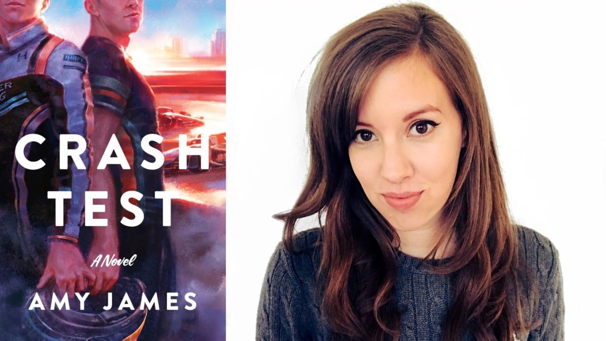 The book cover with two race car drivers standing back to back and the author, a white woman with long brown hair looking at the camera