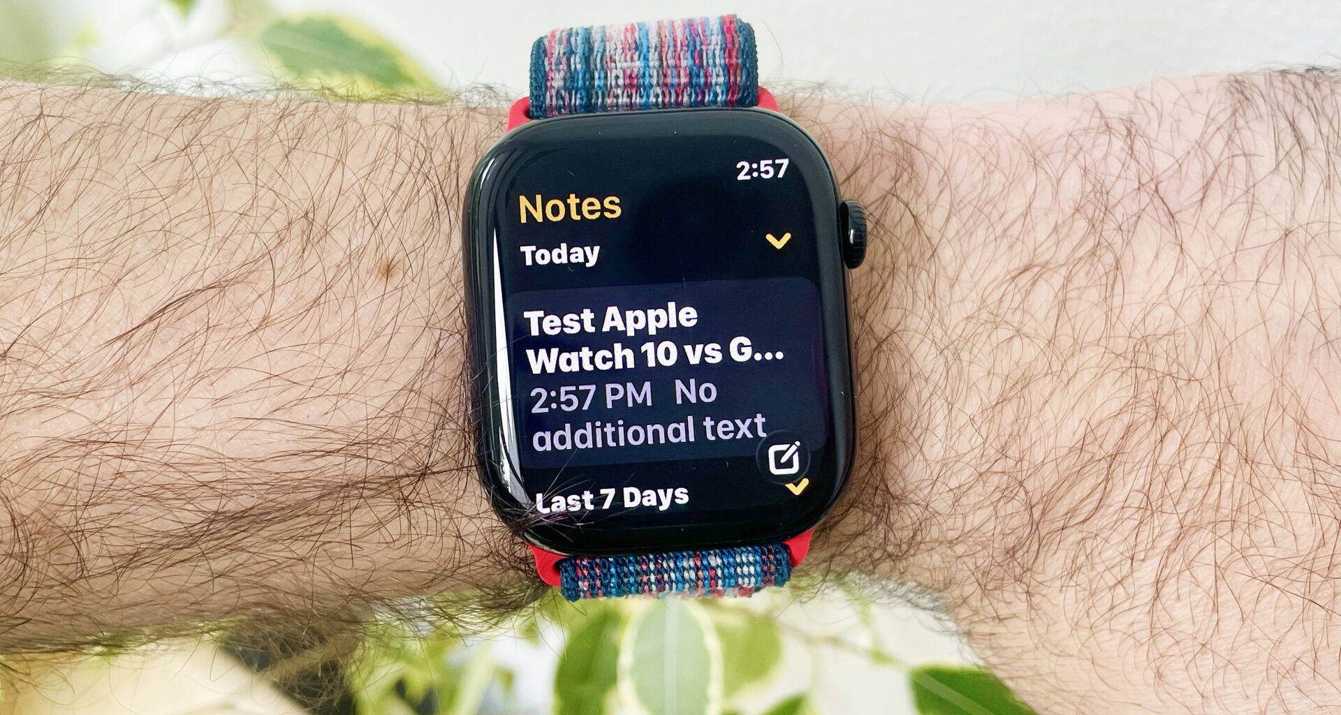 Apple Watch Series 10 close-up on a user's wrist showing the different options within the Apple Watch Notes app, launched with watchOS 26