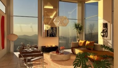 An interior design rendering of a modern living room with two floor to ceiling windows