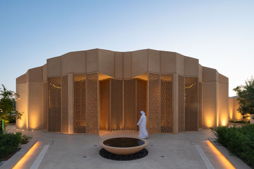 Estidama Mosque reinterprets Islamic geometry to introduce natural light and shading that minimize the building's energy needs, according to the architects.