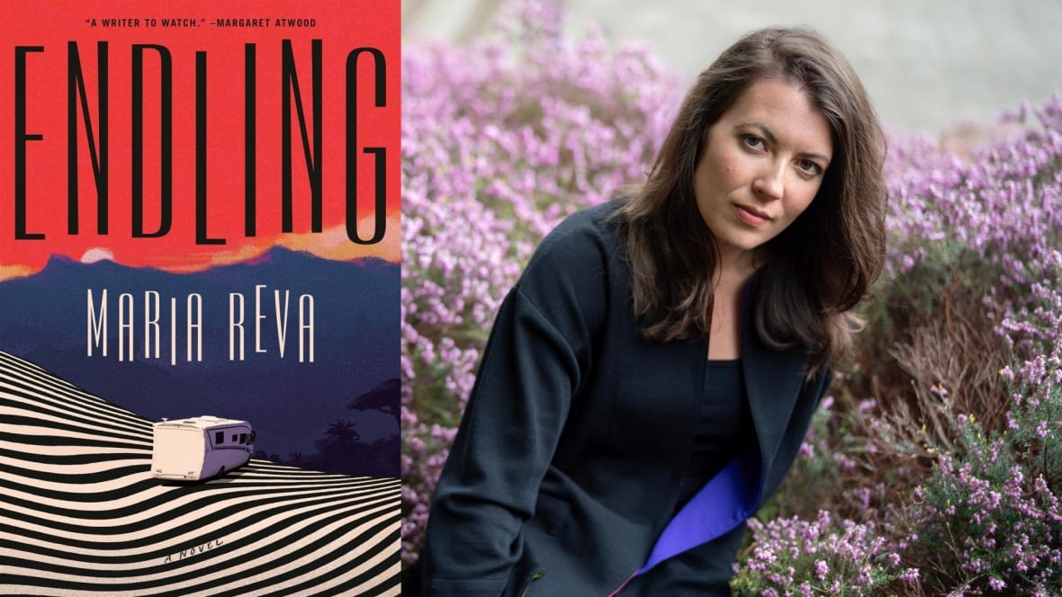 A composite image of a book cover that shows a trailer car on a piece of striped land with mountains in the foreground and on the right is a black and white headshot photo of a woman. 