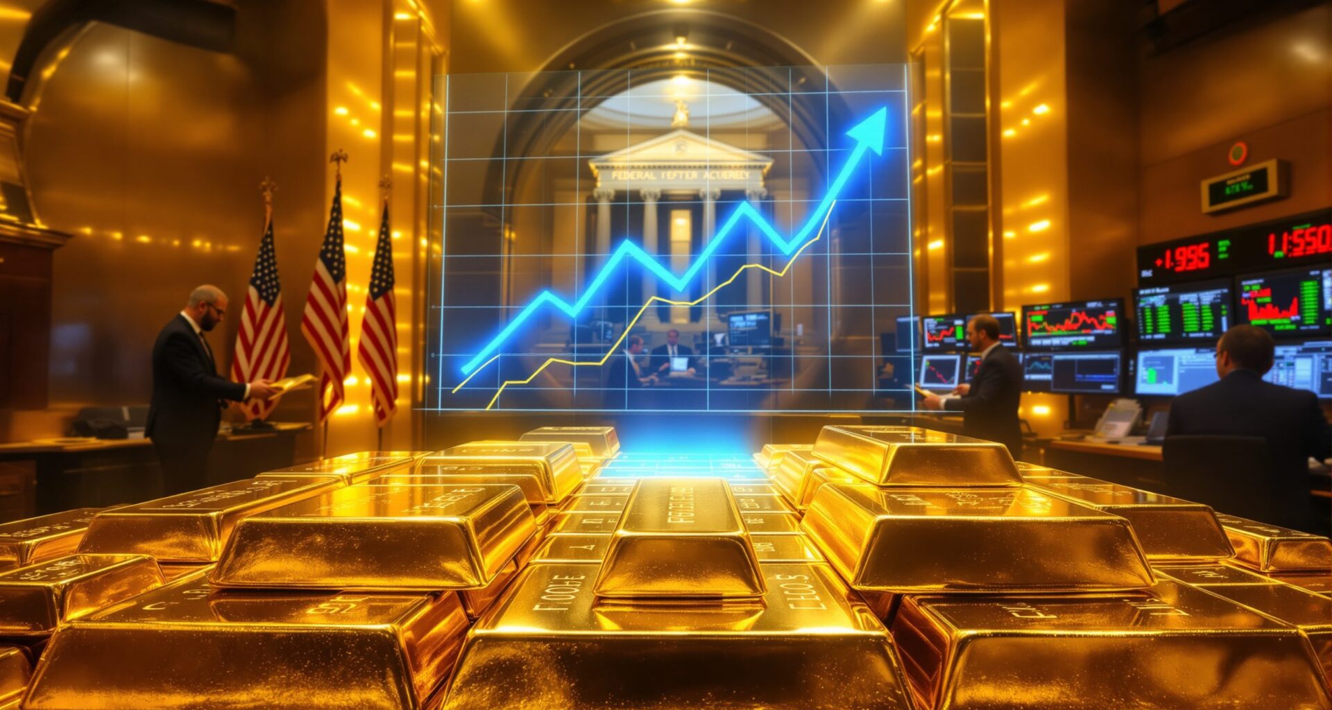 Gold bars with rising stock chart projection.