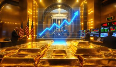 Gold bars with rising stock chart projection.