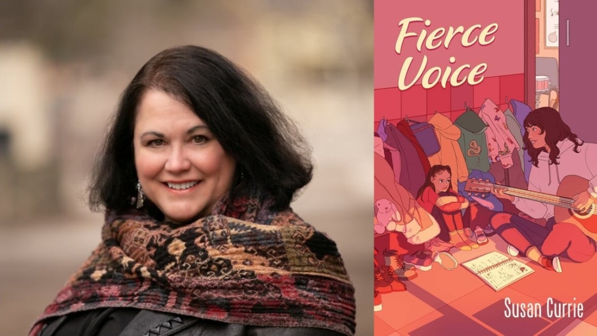 Fierce Voice by Susan Currie. Illustrated book cover shows a teenage girl playing guitar to a young kid who sits in the coats closet.