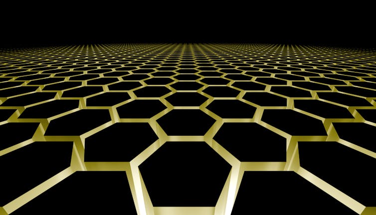 Illustration of connected gold hexagons that expand endlessly into the horizon.