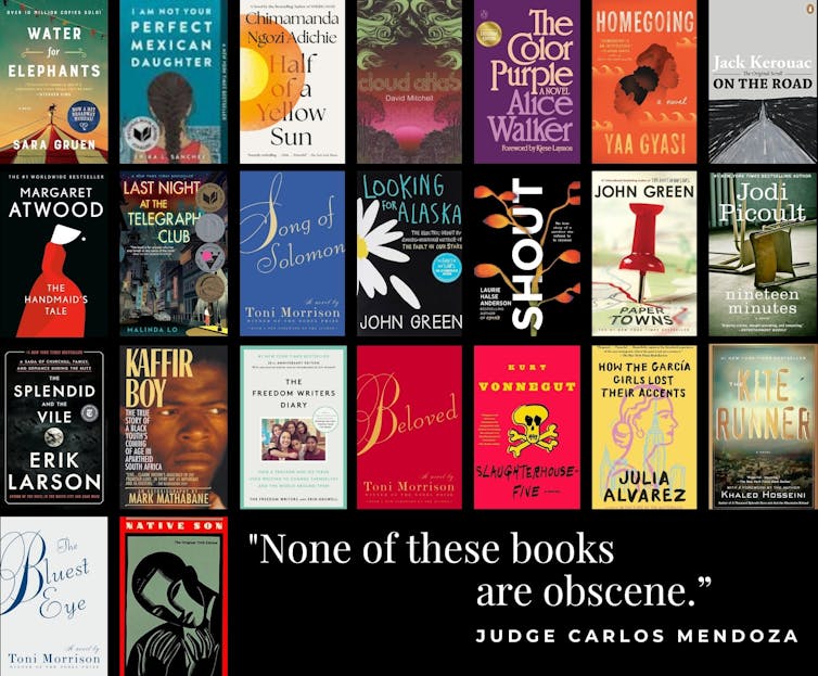 Covers of 23 books with the quote from Judge Mendoza, 'None of these books are obscene.'