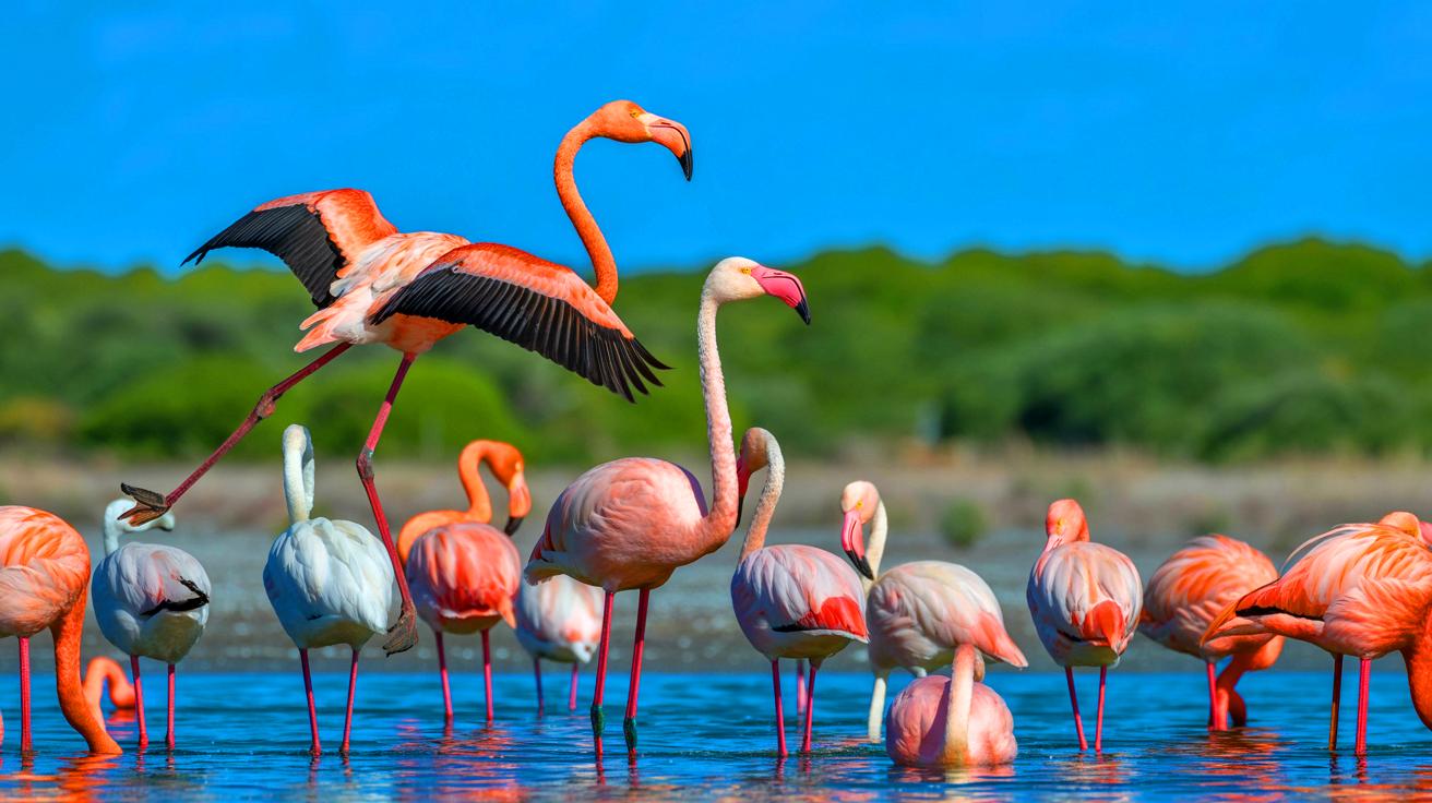 Illustration of flamingos in the Camargue region, highlighting differences between migratory and sedentary populations.