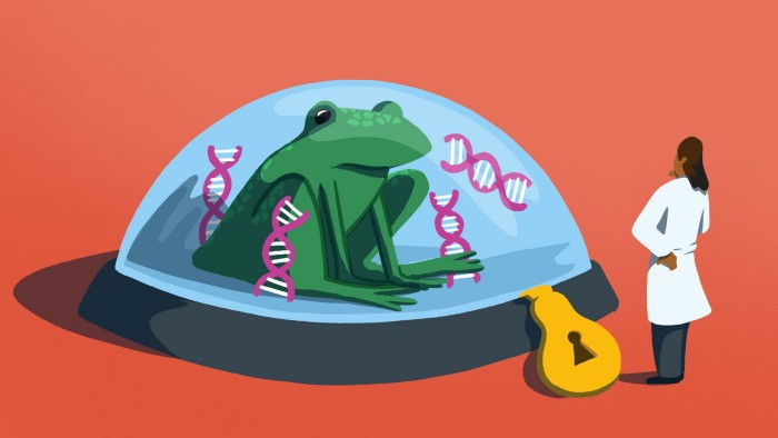 Andy Carter illustration of a frog surrounded by strands of DNA under a padlocked glass dome, as a scientist studies it