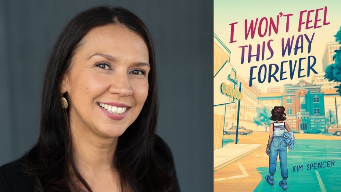 I Won’t Feel This Way Forever by Kim Spencer. Illustrated book cover of a young girl walking across a city street. Author headshot of a woman with long brown hair.