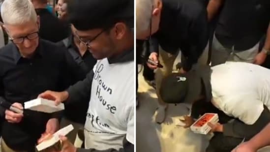 A man dropped his phone in front of Tim Cook while taking it out of the box. (TikTok/@brownhouse_clipz) A man dropped his phone in front of Tim Cook while taking it out of the box. (TikTok/@brownhouse_clipz)