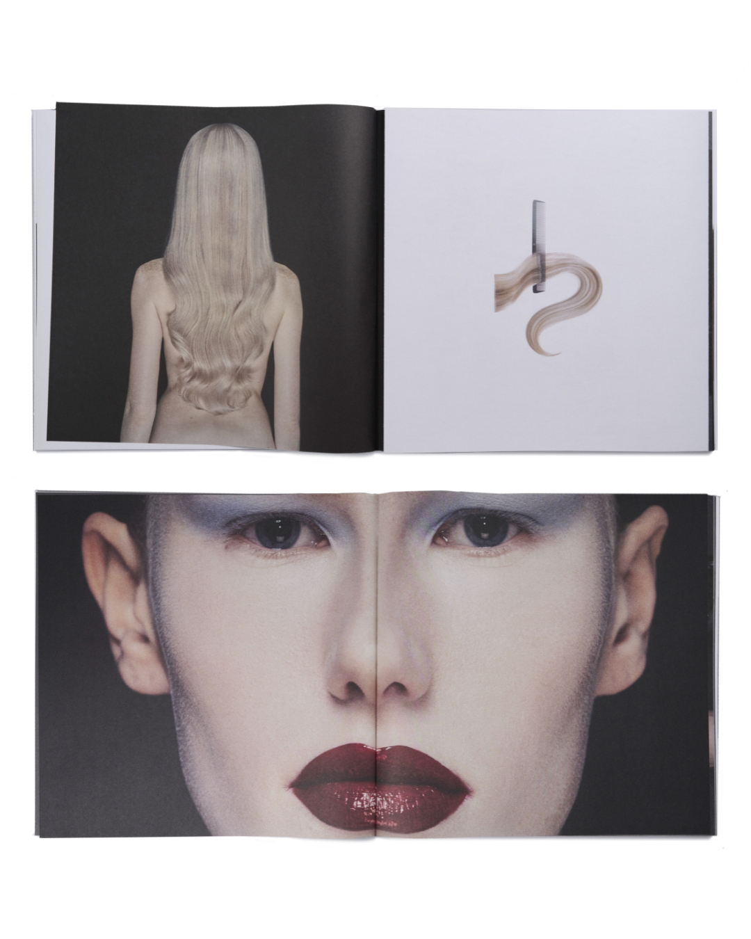 Women with long blond hair and woman wearing eyeshadow and dark red lipstick 