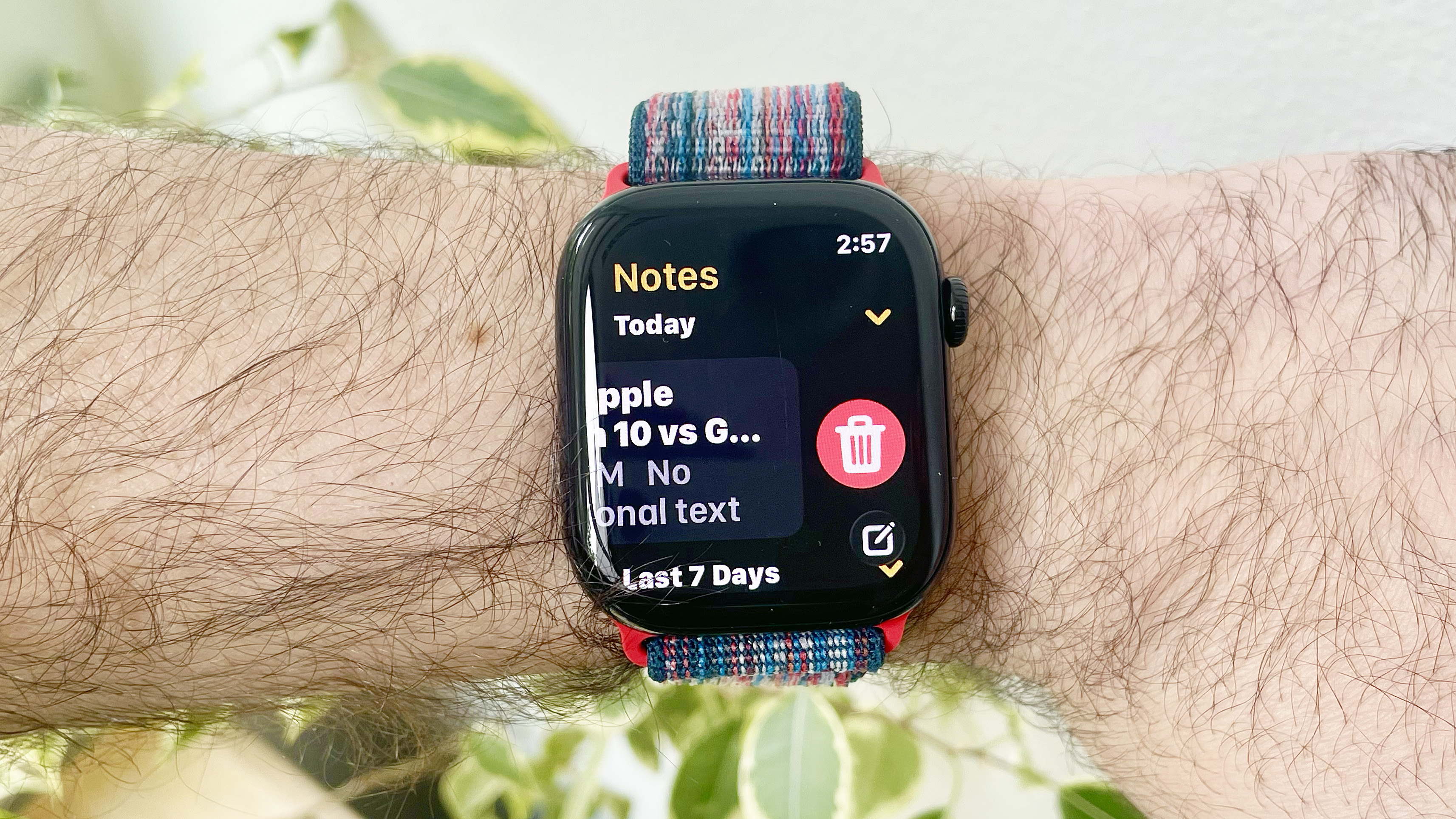 Apple Watch Series 10 close-up on a user's wrist showing the different options within the Apple Watch Notes app, launched with watchOS 26