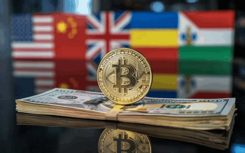 Why Growing Government and Institutional Confidence in Cryptocurrency Is Driving Investors Toward Sustainable Blockchain Computing 1 A stack of U.S. dollar bills with a Bitcoin coin standing on top, in front of flags from the United States, China, the United Kingdom, Romania, Moldova, and Hungary. The image represents the global adoption of cryptocurrency and the increasing importance of Bitcoin in international finance.