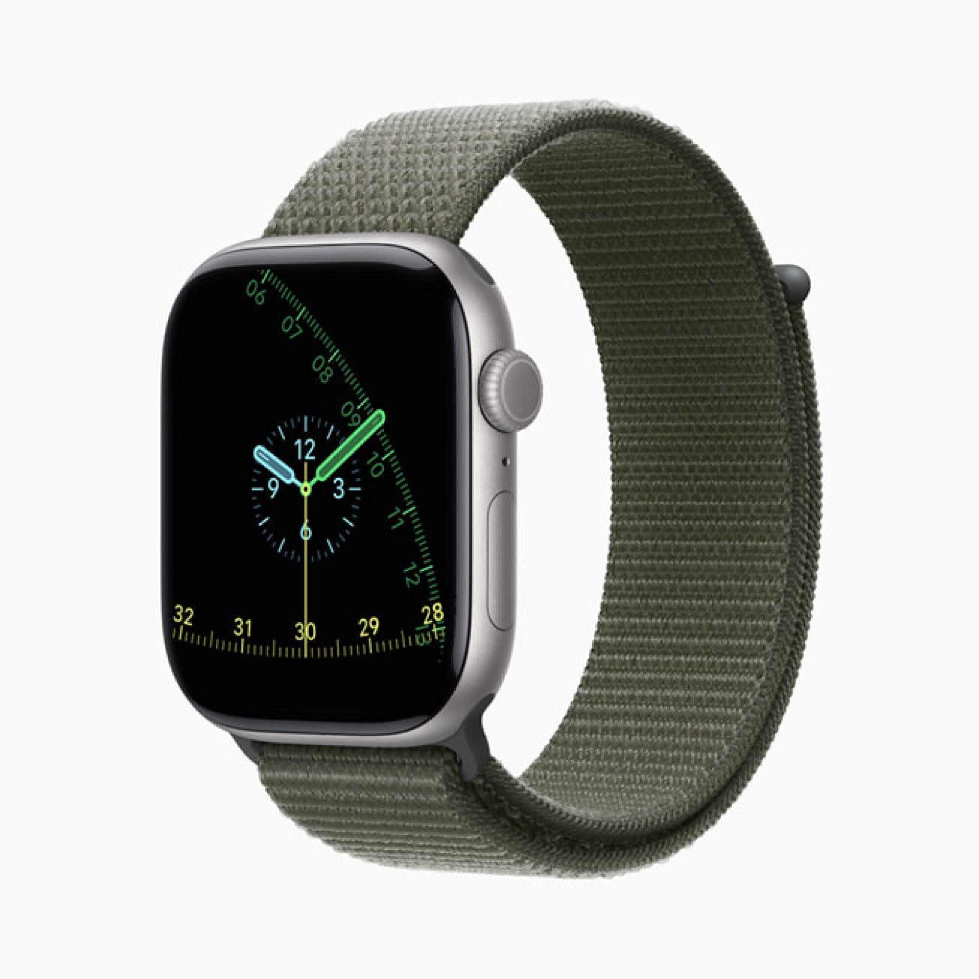 An Apple watch displaying a watch face that tracks hours, minutes, and seconds.