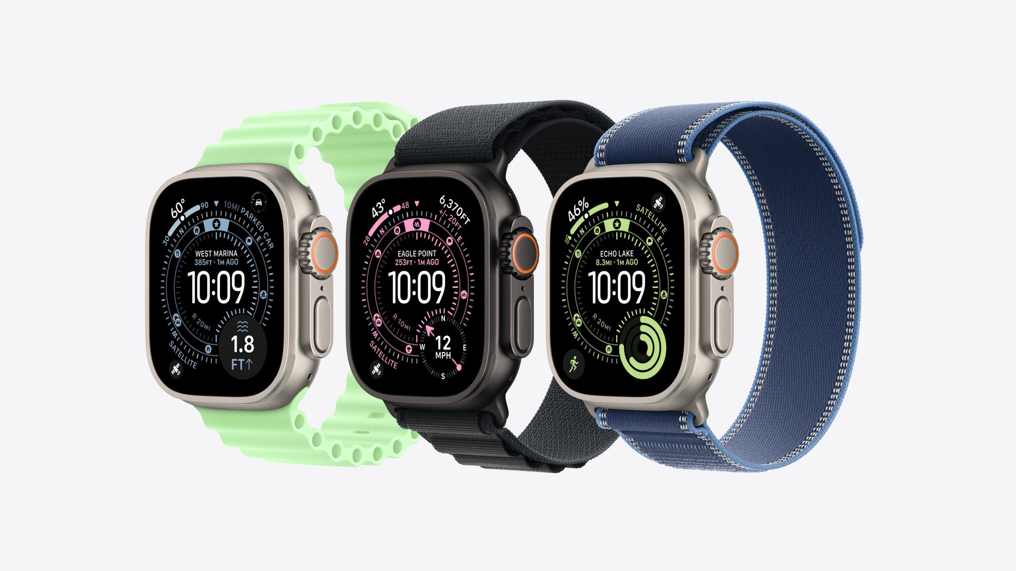 Three Apple Watch Ultras showing the company's Waypoint face, which shows the time and also serves as a compass.