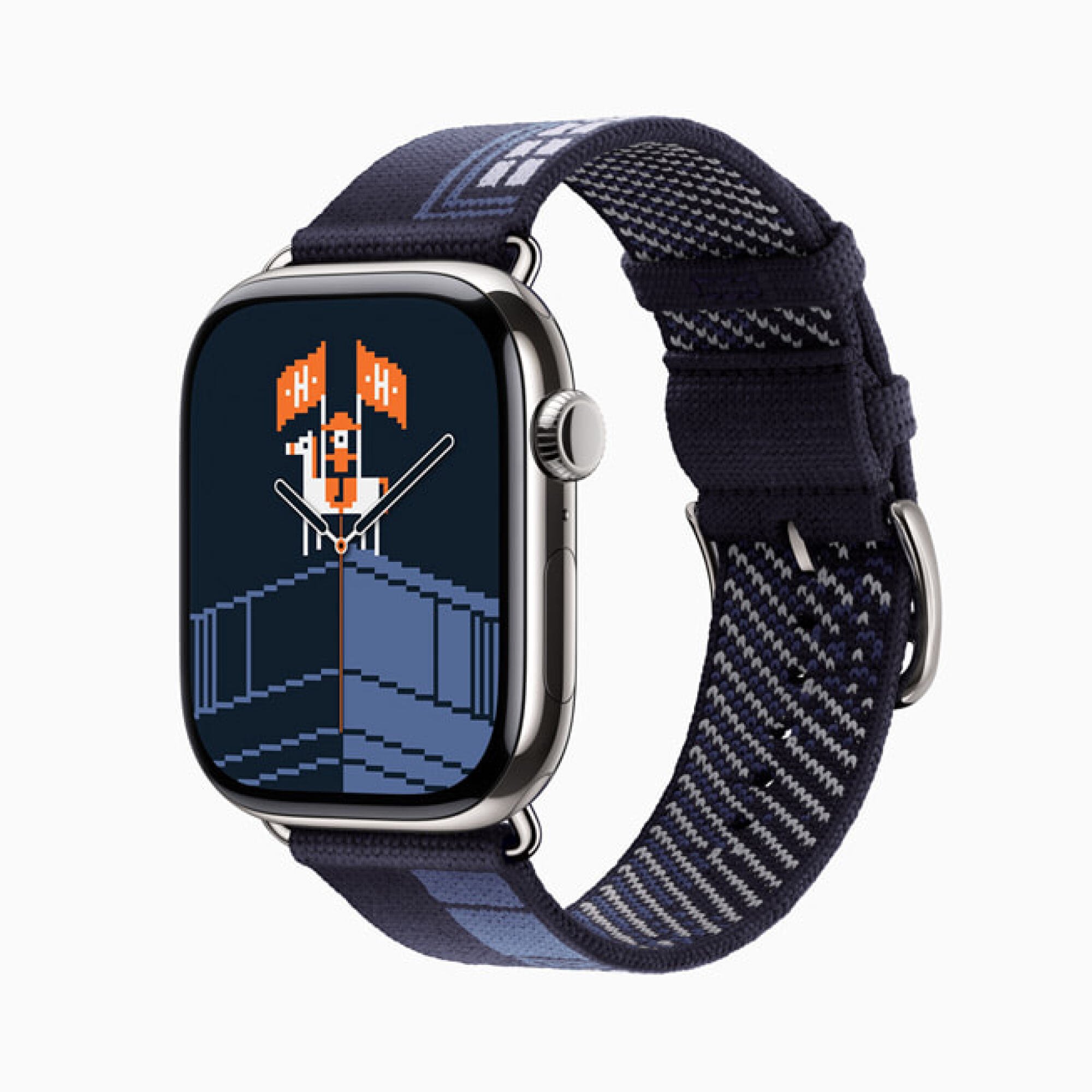 An Apple watch displays an animated face featuring a horse and an orange flag displaying an
