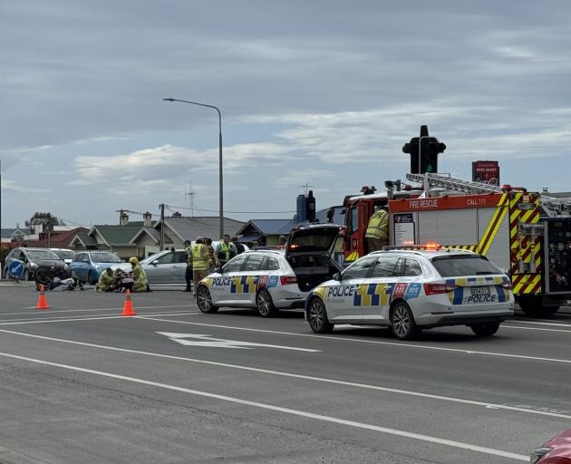 Emergency services at the scene of the crash in Oamaru. Photo: Andrew Ashton 