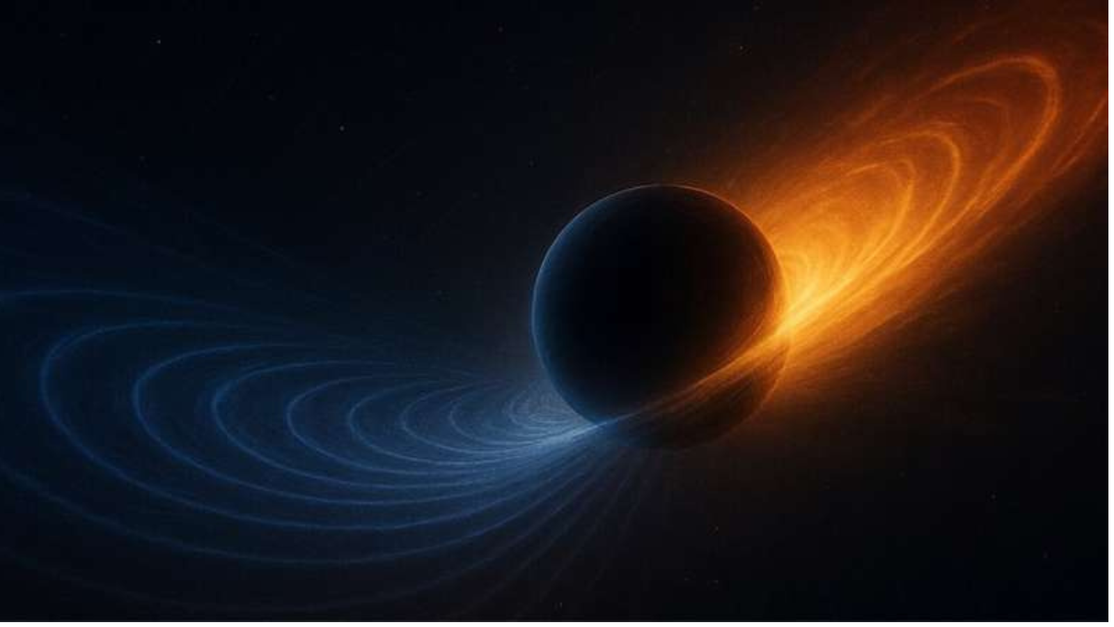 A black orb illustration with orange and blue lines around it in a disk-like formation. The right half of the disk is orange and the left half is blue.