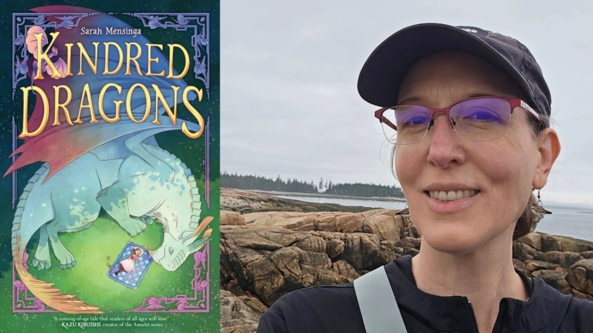 Kindred Dragons by Sarah Mensinga. Illustrated book cover of a dragon taking a nap. Author photo of a white woman standing by a cliff.