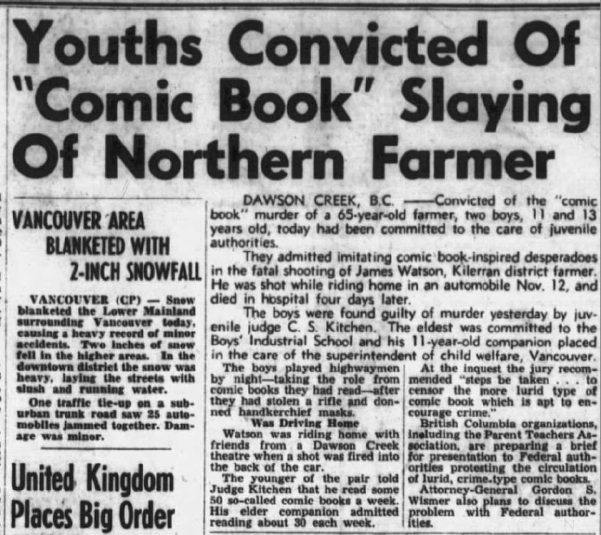 A newspaper article with the headline 'Youths Convicted of 'Comic Book' Slaying of Northern Farmer.'