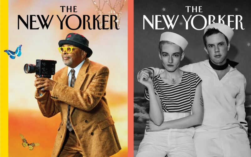 Split New Yorker magazine covers: Left, a man in a brown suit and hat holds a vintage camera, with colorful butterflies and a yellow background. Right, two people in sailor outfits pose in black and white against a cloudy sky.