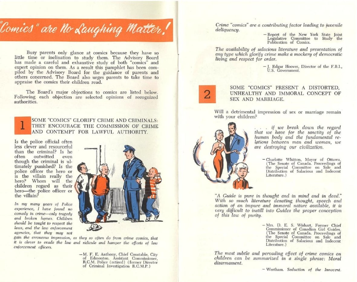 These pages from the Advisory Board on Objectionable Publications' pamphlet detail its objections to comic books.