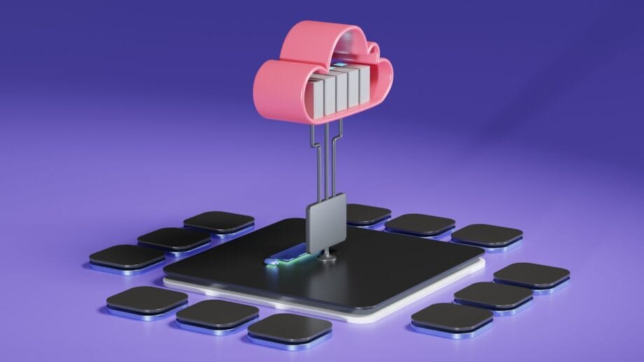 A cloud-shaped object connected to a central device, surrounded by black square chips on a purple background.