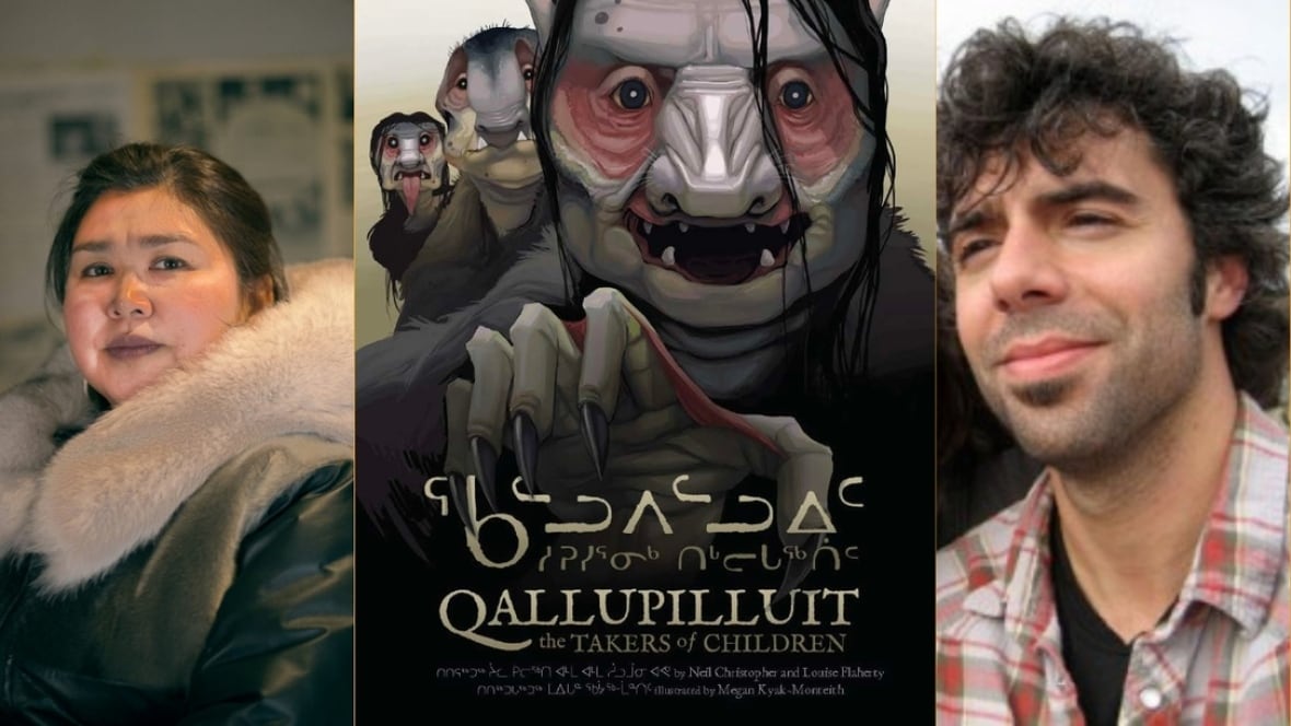 Qallupilluit: The Takers of Children by Louise Flaherty, Neil Christopher and illustrated by Megan Kyak-Monteith. Illustrated book cover shows three mythic creatures of Inuk folklore. Two author headshots, a woman on the left and man on the right.