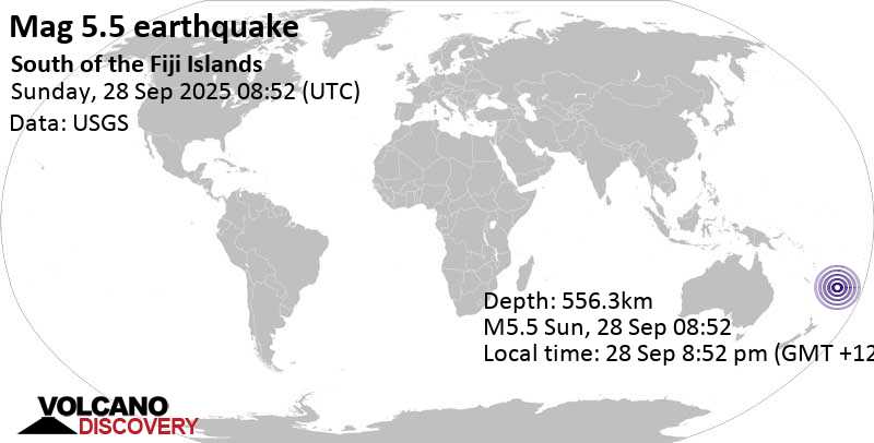 5.5 quake South Pacific Ocean, Fiji, Sep 28, 2025 08:52 pm (GMT +12)