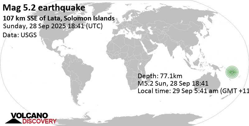5.2 quake Coral Sea, 41 km southwest of Utupua Island, Solomon Islands, Sep 29, 2025 05:41 am (GMT +11)
