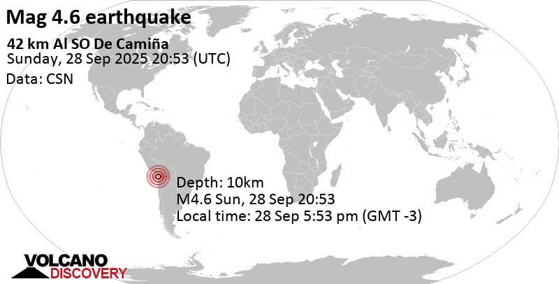 4.6 quake Provincia de Iquique, Tarapacá, 135 km southeast of Arica, Arica, Region de Arica y Parinacota, Chile, Sep 28, 2025 05:53 pm (Santiago time)