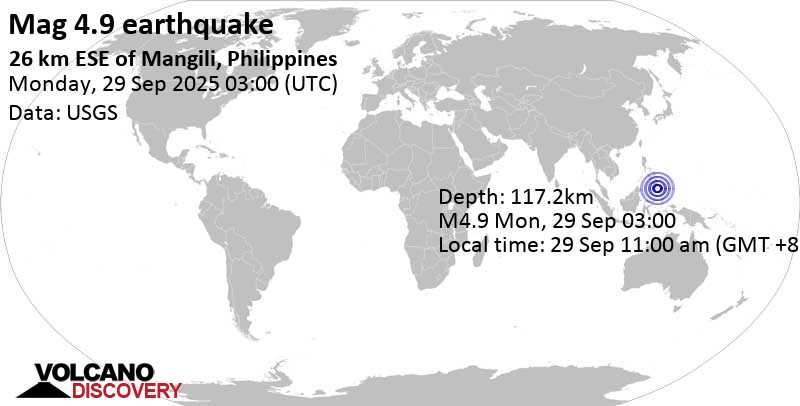 4.9 quake Philippine Sea, 67 km southeast of Malita, Davao Occidental, Davao, Philippines, Sep 29, 2025 11:00 am (GMT +8)
