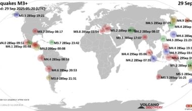 Worldwide earthquakes above magnitude 3 during the past 24 hours on 29 Sep 2025