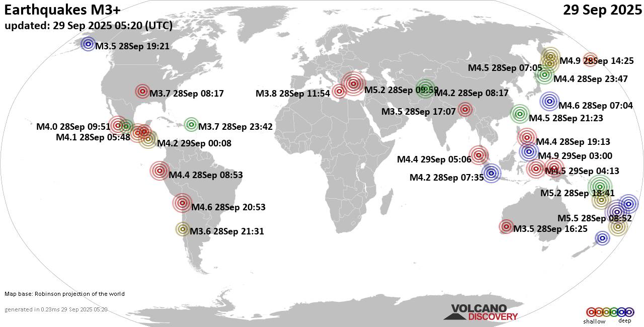 Worldwide earthquakes above magnitude 3 during the past 24 hours on 29 Sep 2025