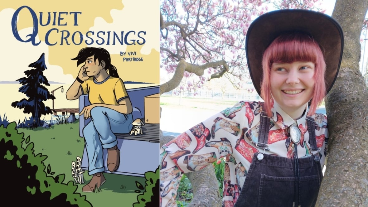 Quiet Crossings by Vivi Partridge. Illustrate book cover of a teen girl sitting on her porch, looking out at a yellow sky and green yard. Author photo of a person with pink hair, wearing a patterned top and overalls.