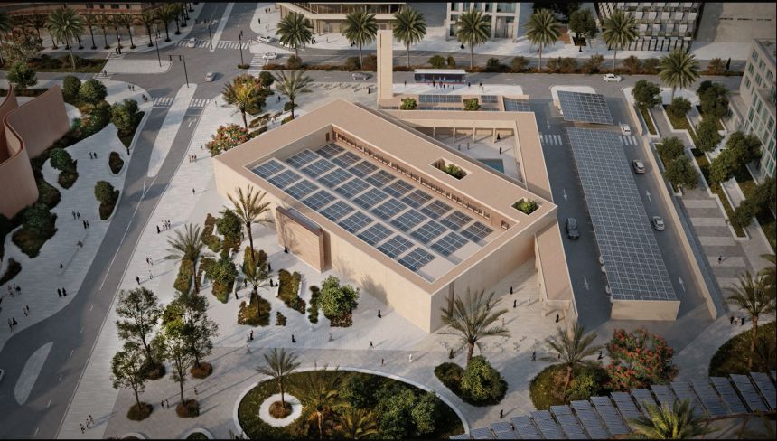 A rendering showing an aerial view of the planned net-zero mosque.
