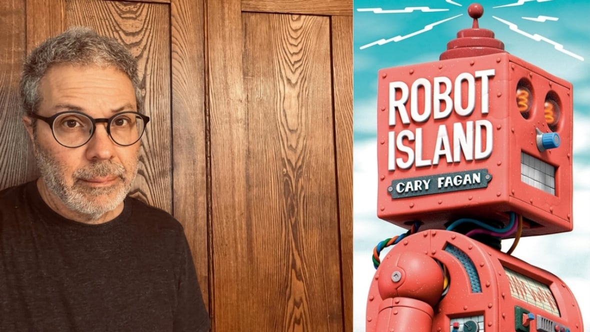 Robot Island by Cary Fagan. Illustrated book cover of a red robot. Author photo of a man standing against a wooden door.